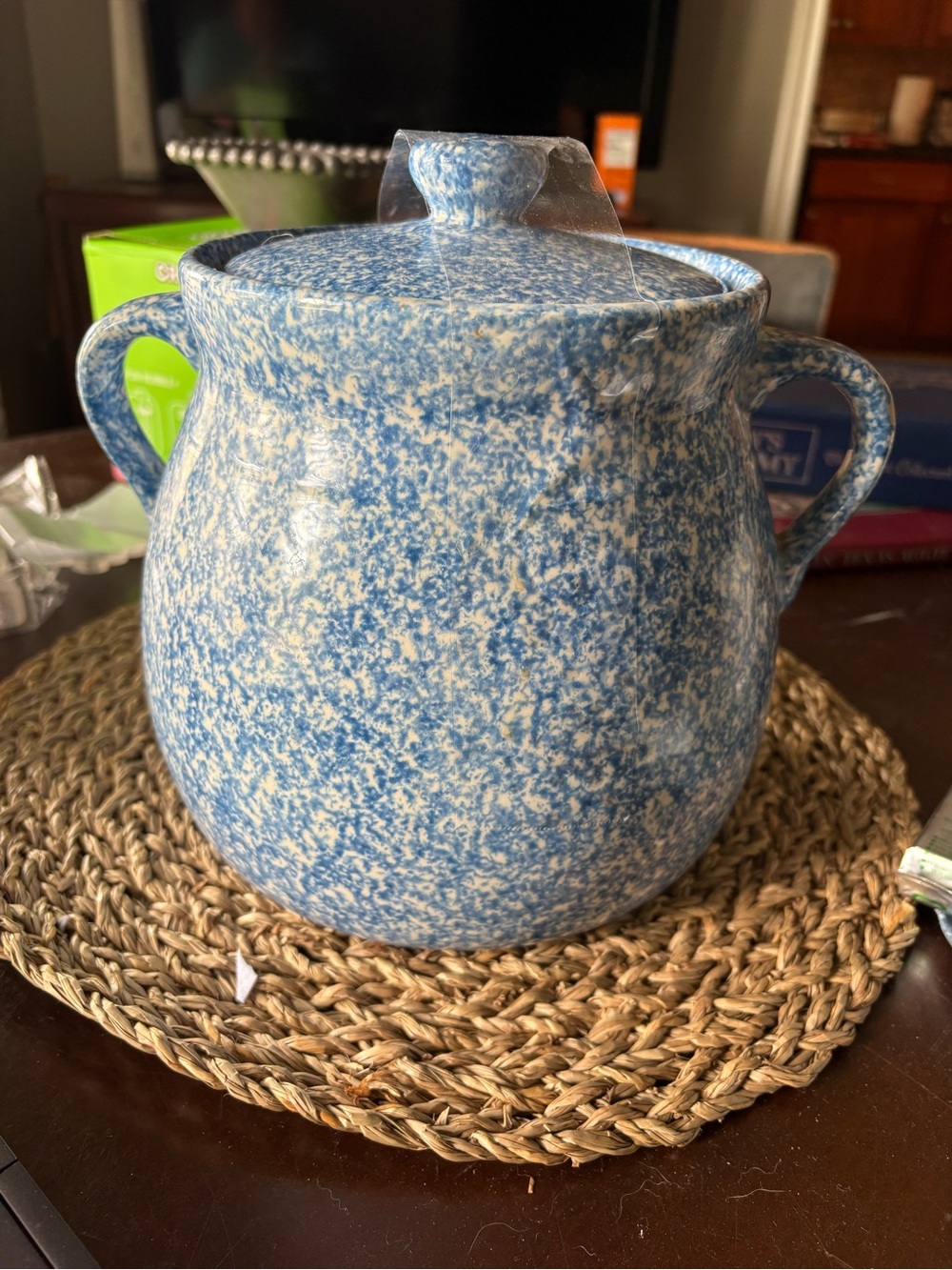 Blue Spongeware Ceramic cookie Jar with Lid -